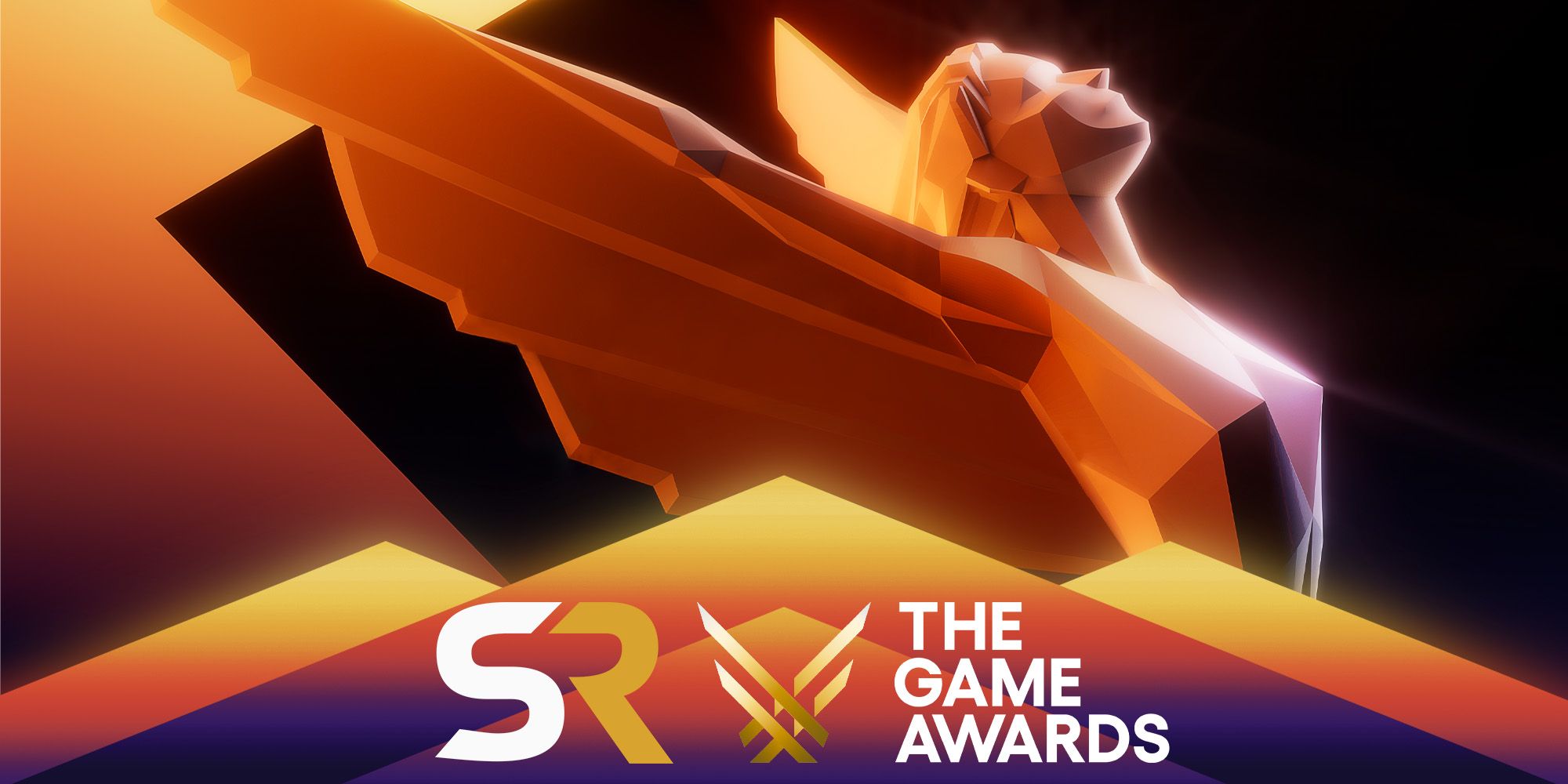 Logotipo de The Game Awards, una representación poligonal de una mujer dorada con alas, sobre un fondo negro y dorado.  En la parte inferior de la imagen, el logotipo de Screen Rant se encuentra junto al logotipo de The Game Awards en un patrón triangular.