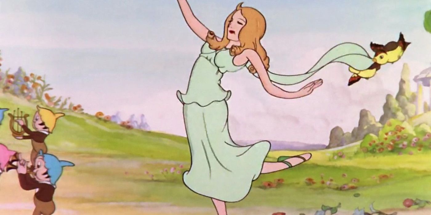 Persephone frolicking in a field in Disney's The Goddess of Spring