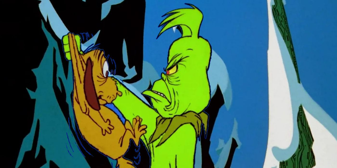 The Grinch holding his dog Max and looking angrily at him