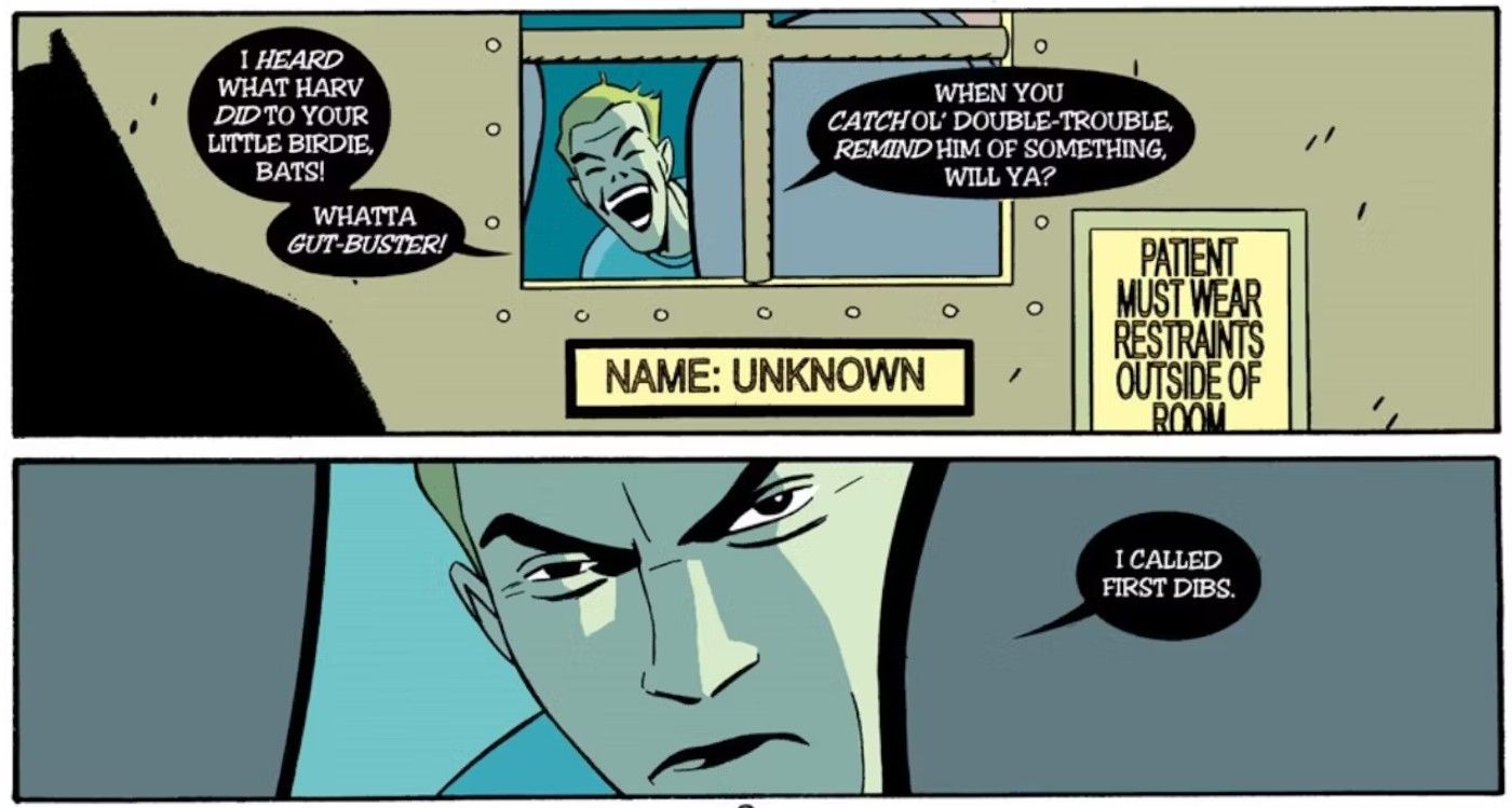 Comic book panels: The Joker calls dibs on Robin behind bars.