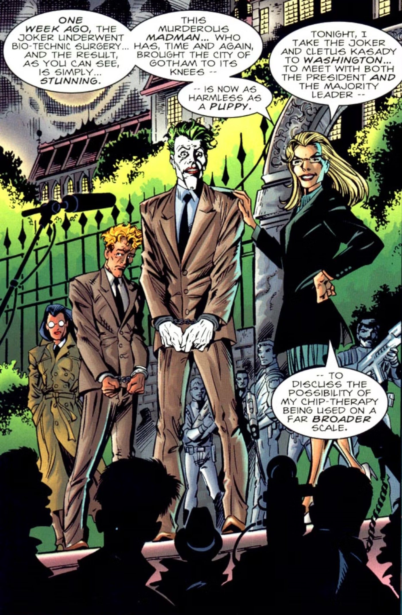 Comic book panel: the Joker calmly stands on a stage in a brown suit.