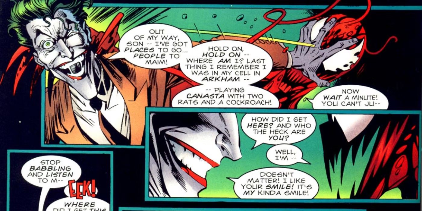 Comic book panels: The Joker pushes Carnage while smiling.