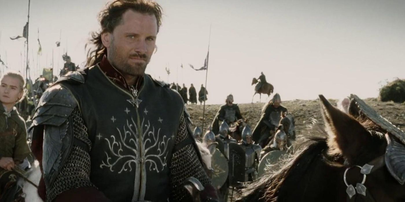 Aragorn, Legolas, and other soldiers brave the harsh winds on foot and horseback as they prepare for battle in The Lord of the Rings: The Return of the King