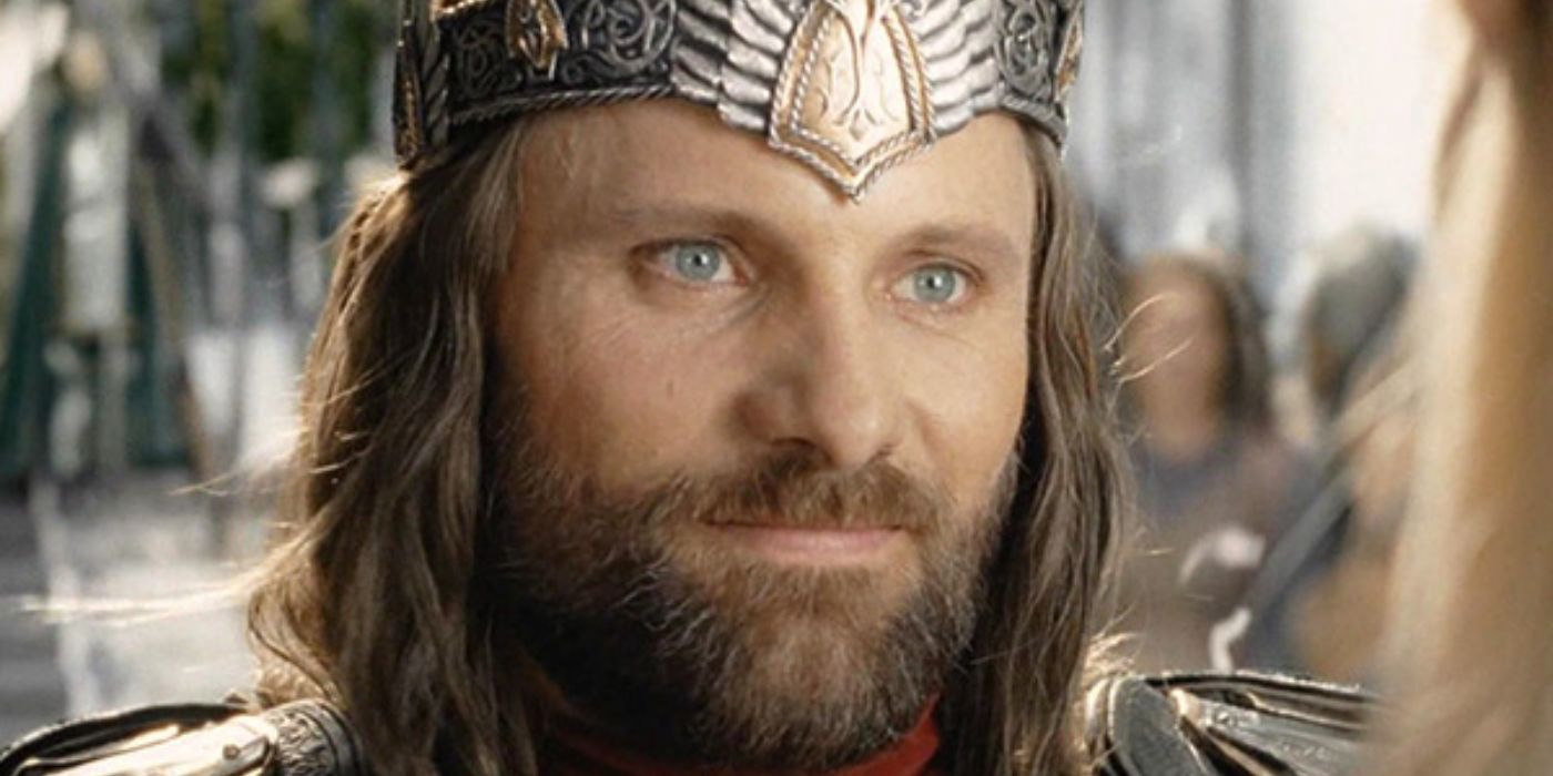 Aragorn (Viggo Mortensen) smiles after he, his friends, and his army triumph over the forces of evil in The Lord of the Rings: The Return of the King