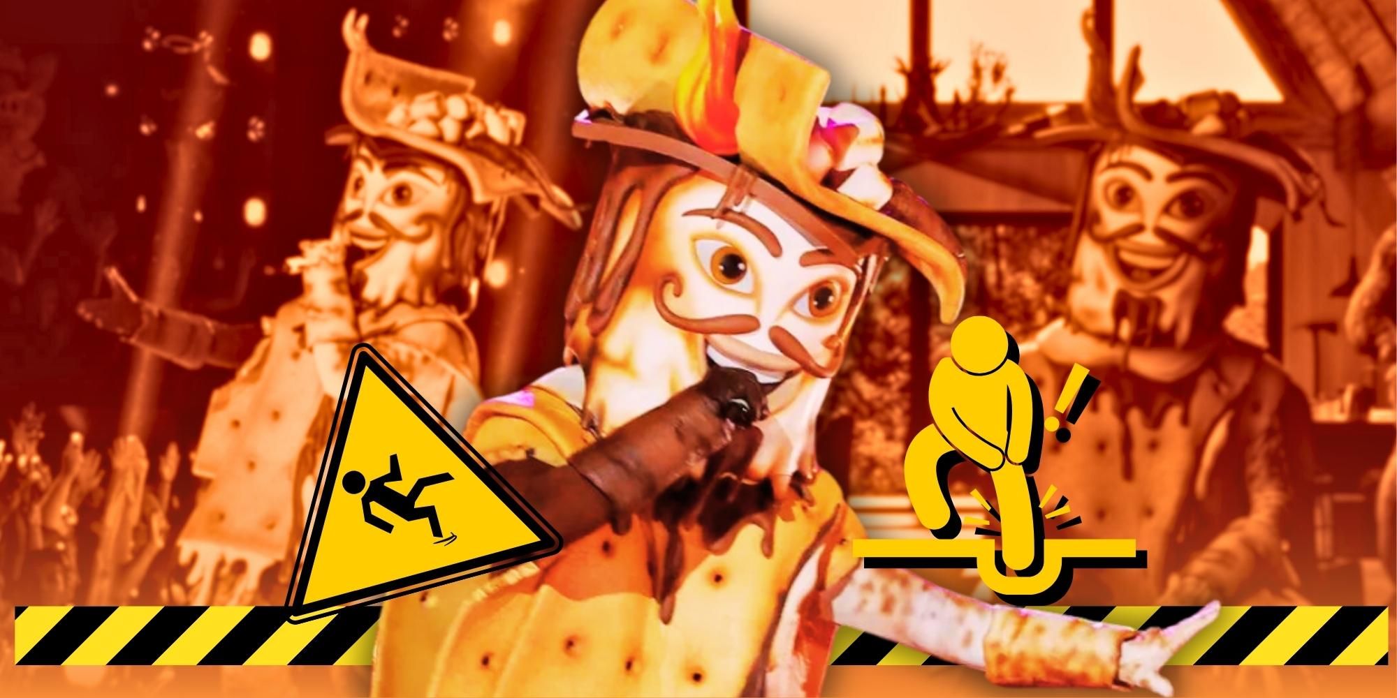 Montage of The Masked Singer Season 10’s S’More performing, with danger signs