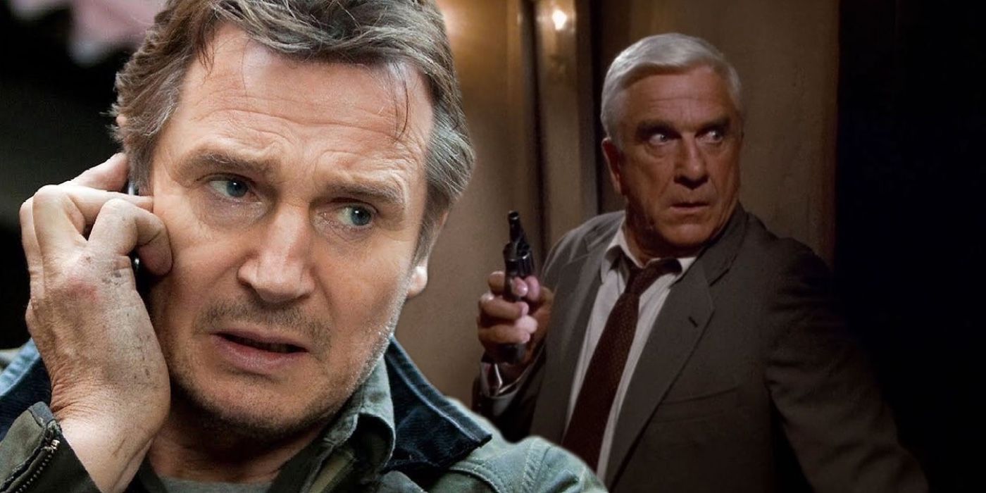 A composite image of Leslie Nielsen from The Naked Gun with Liam Neeson