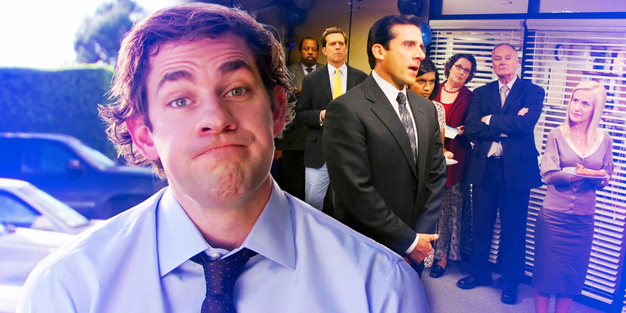 Uma imagem personalizada com Jim e uma cena de The Office com Michael e outros personagens