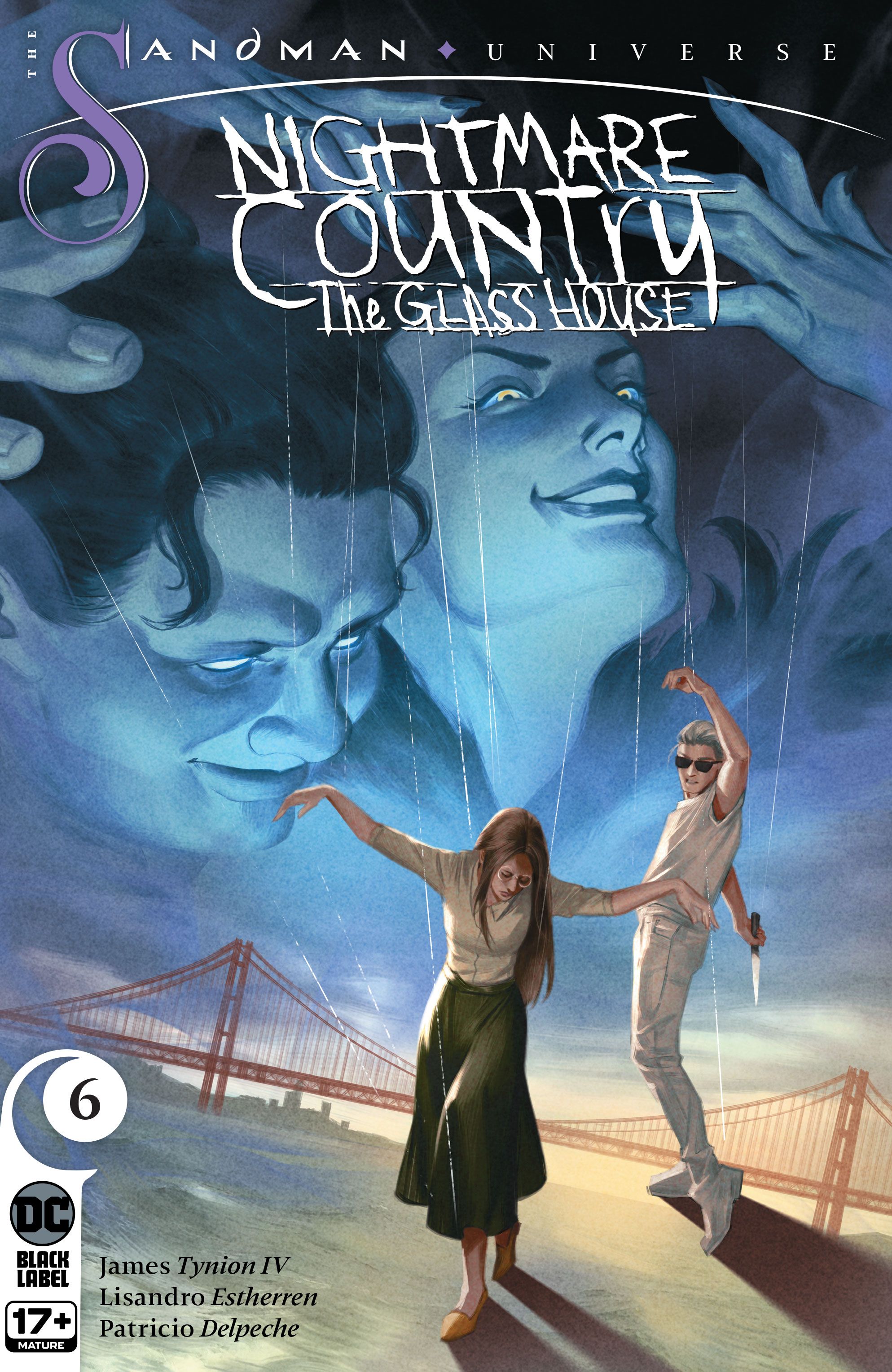 The Sandman Universe: Nightmare Country - The Glass House #6 Cover by Reiko Murakami. Two figures in shadow control the Corinthian and Thessaly like marionette puppets