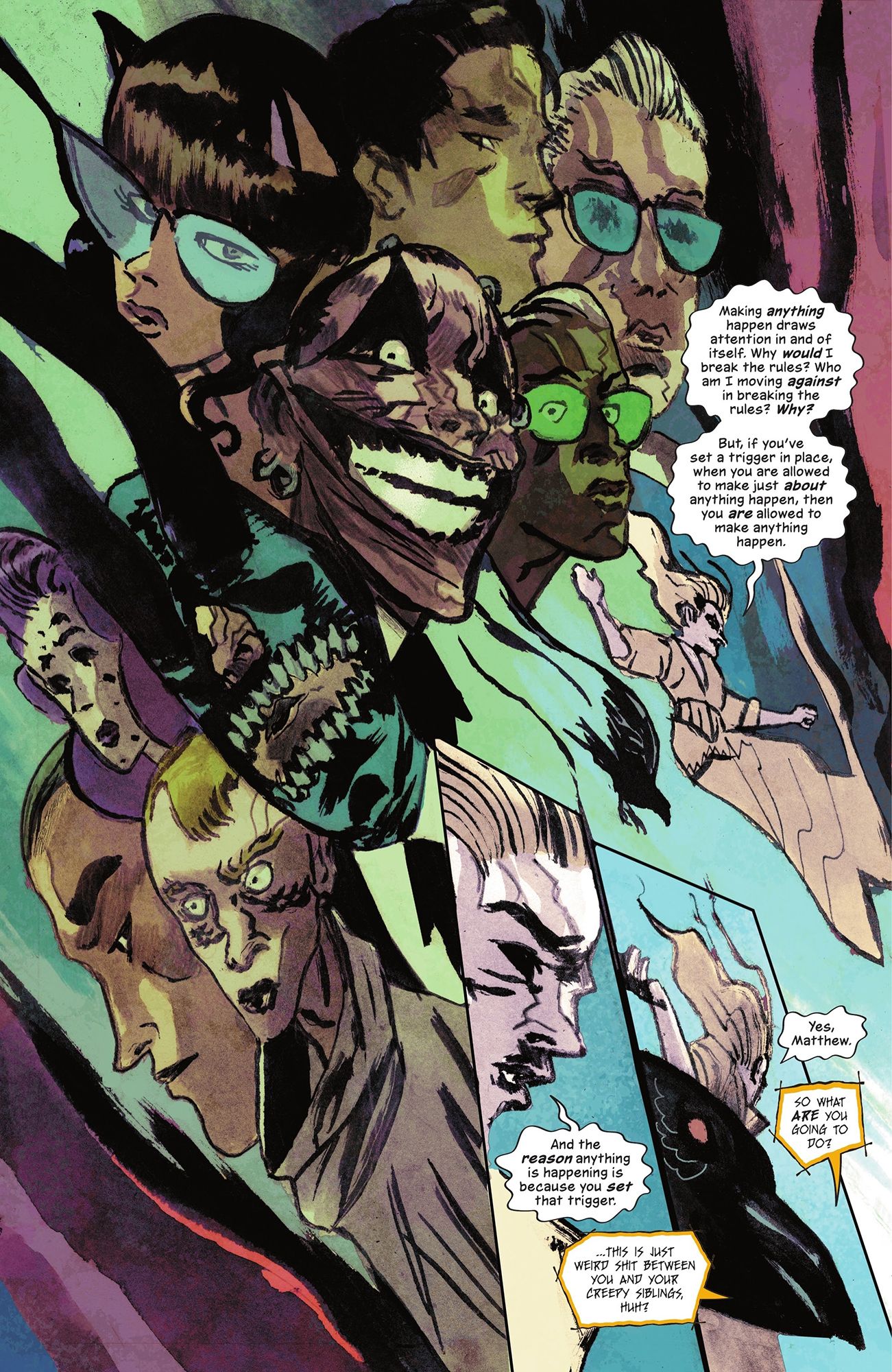The Sandman Universe: Nightmare Country- The Glass House #6 Page 7. Enemies surround Dream and Matthew as they talk