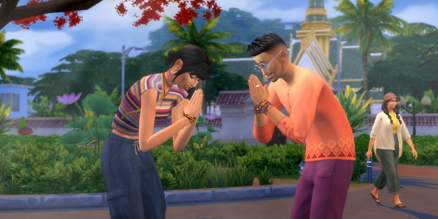 The Sims 4 For Rent Sim feminino e masculino se curvando um para o outro em Tomarang.