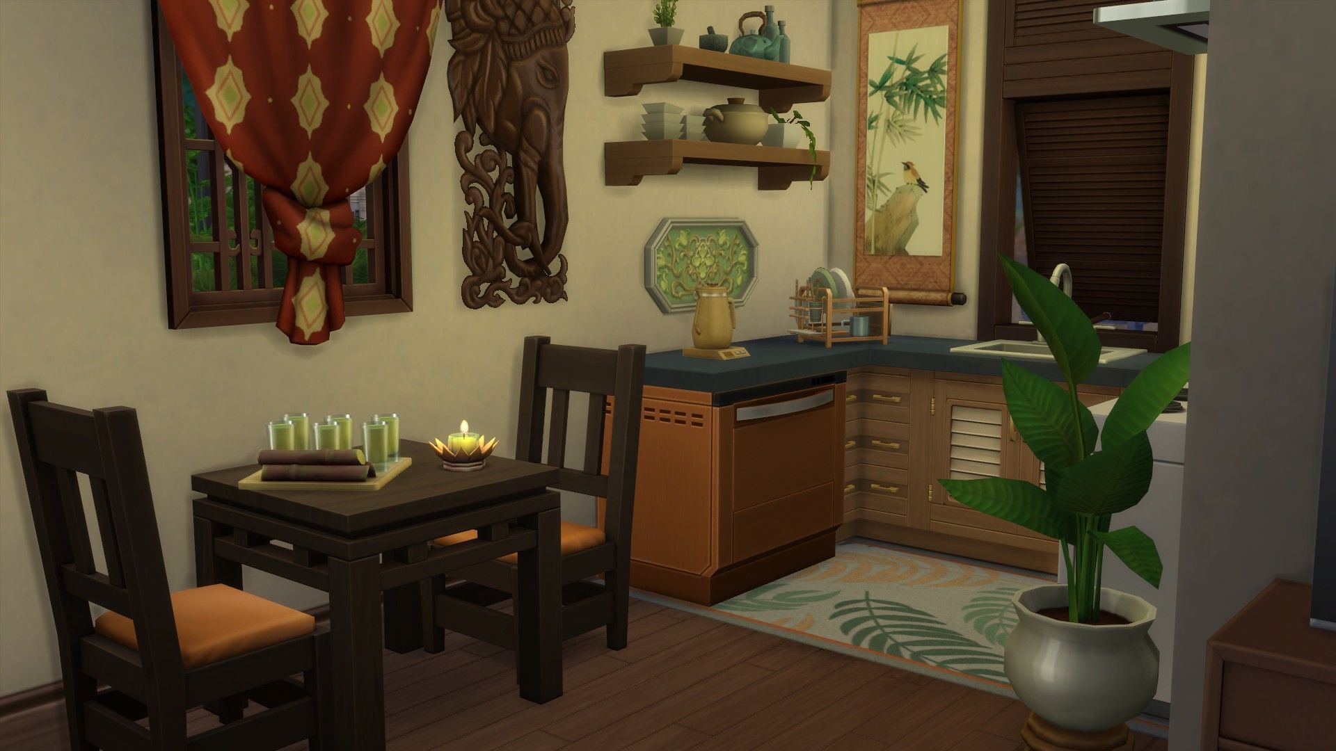 The Sims 4 kitchen showing a table with sugar can drinks and a candle, a kettle, dishes, shelves, and wall art.