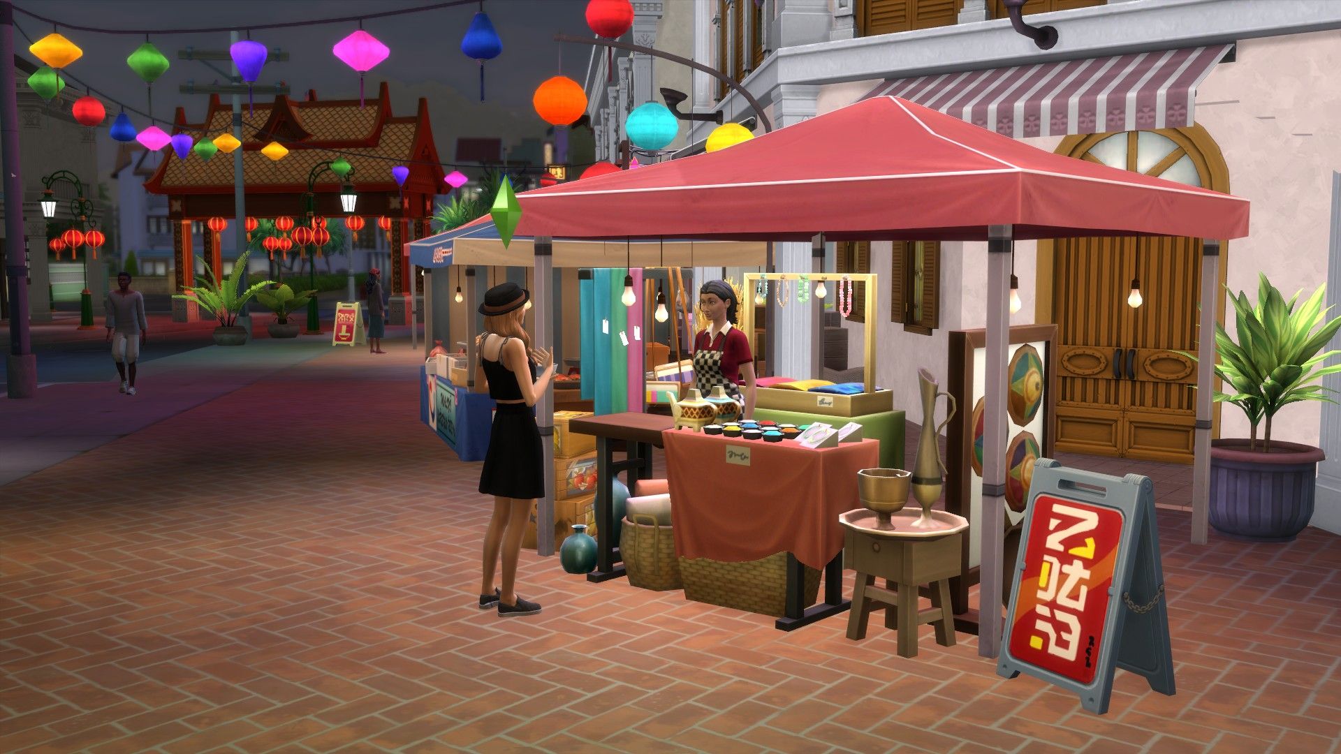 The Sims 4 female Sim at a Night Market stall in For Rent that is full of crafts.