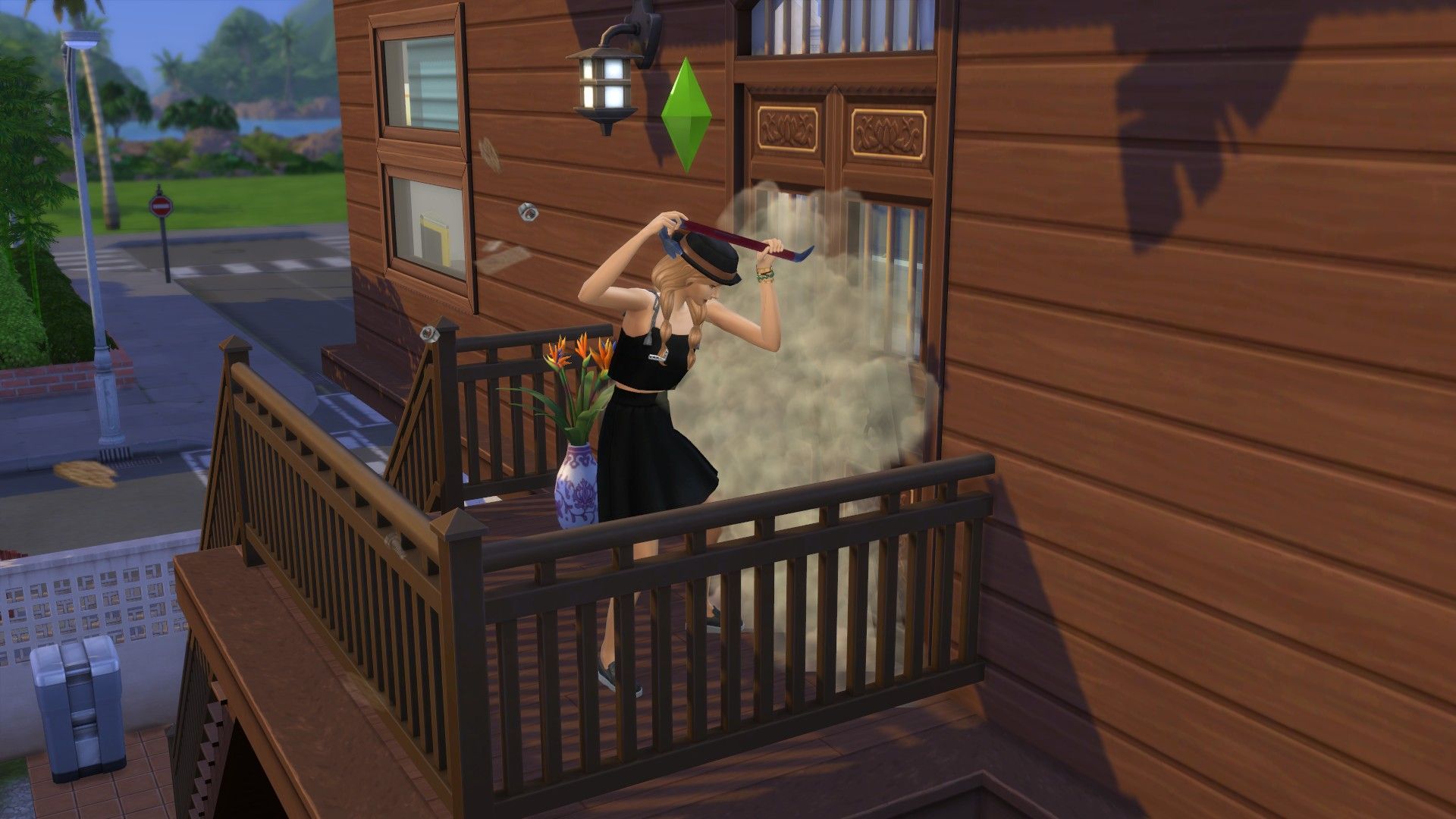 The Sims 4 female Sim breaking open a door with a crowbar in For Rent.
