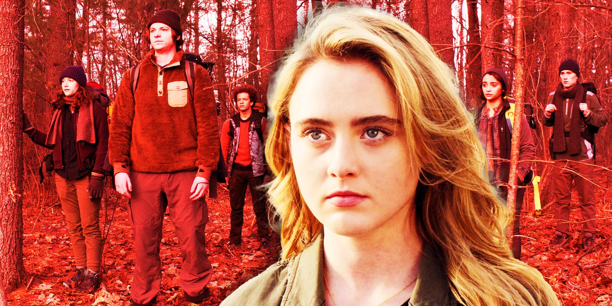 Closeup of Allie from the Society with characters from the show in the background.