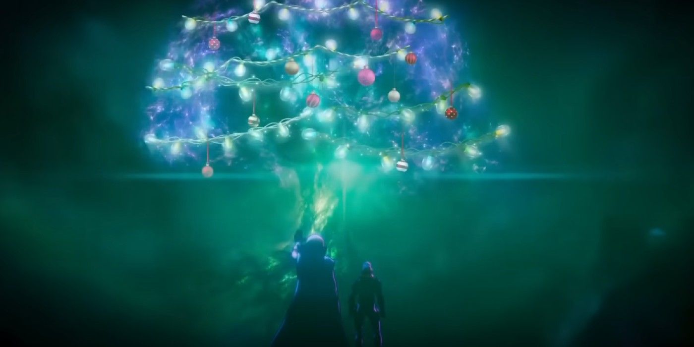 The Watcher looks at Loki&rsquo;s green timelines decorated with Christmas ornaments in What If season 2