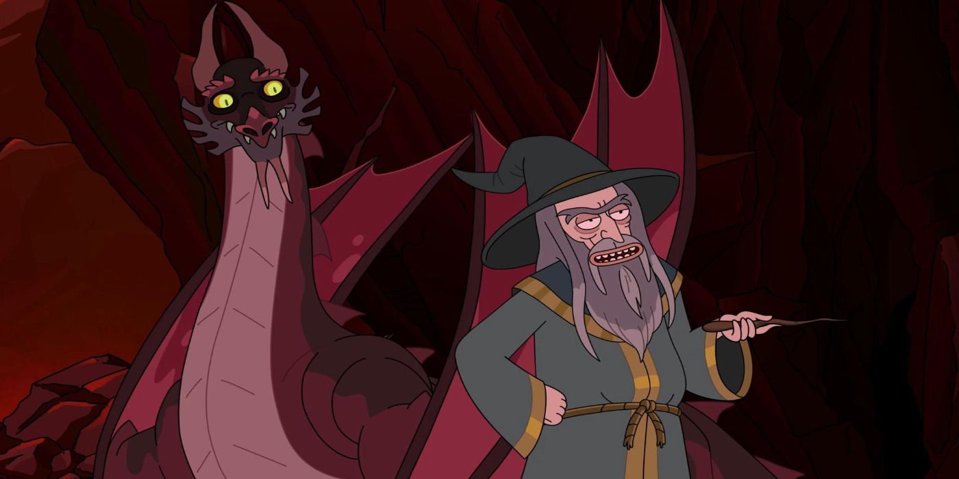 The Wizard smiling with his magic stick with a dragon behind him in Rick and Morty