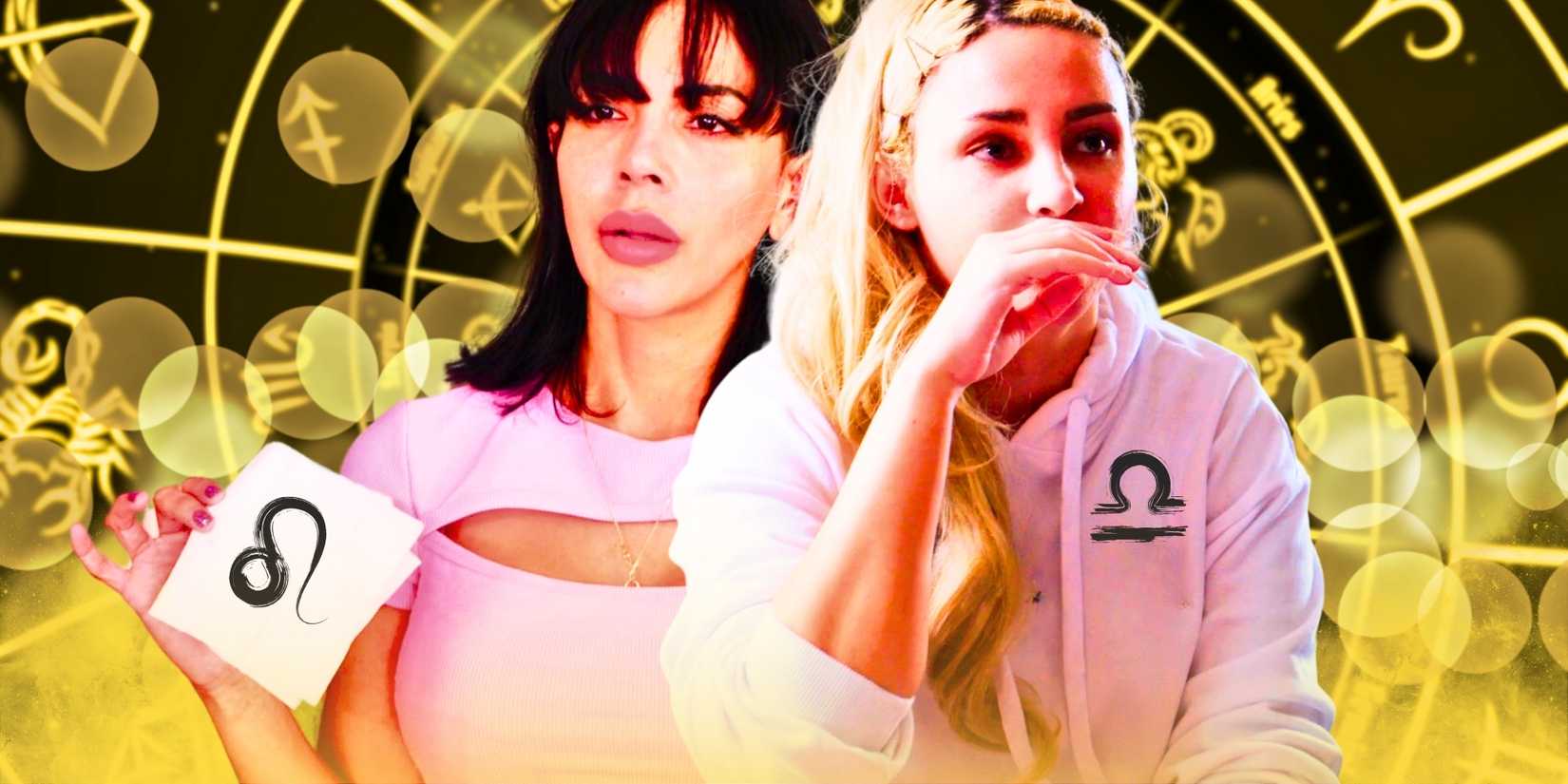 90 Day Fiancé Jasmine Pineda and Sophie Sierra wearing pink and revealing their zodiac signs with an astrology chart in the background