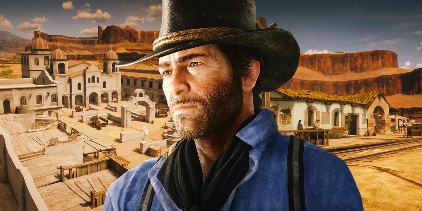 Arthur Morgan from Red Dead Redemption 2 with Nuevo Paraíso in the background