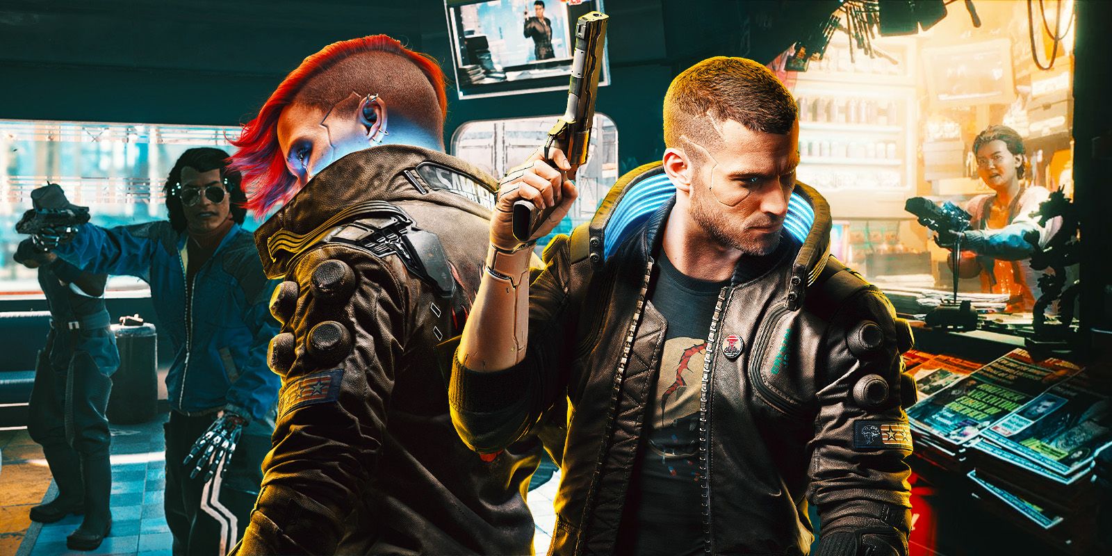 Male & Female V from Cyberpunk 2077 with some robbers in the background.
