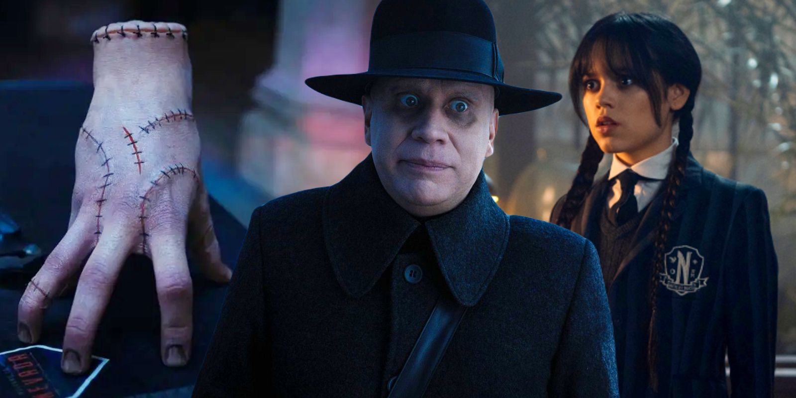 Thing, Uncle Fester, and Wednesday Addams in Netflix's Wednesday show