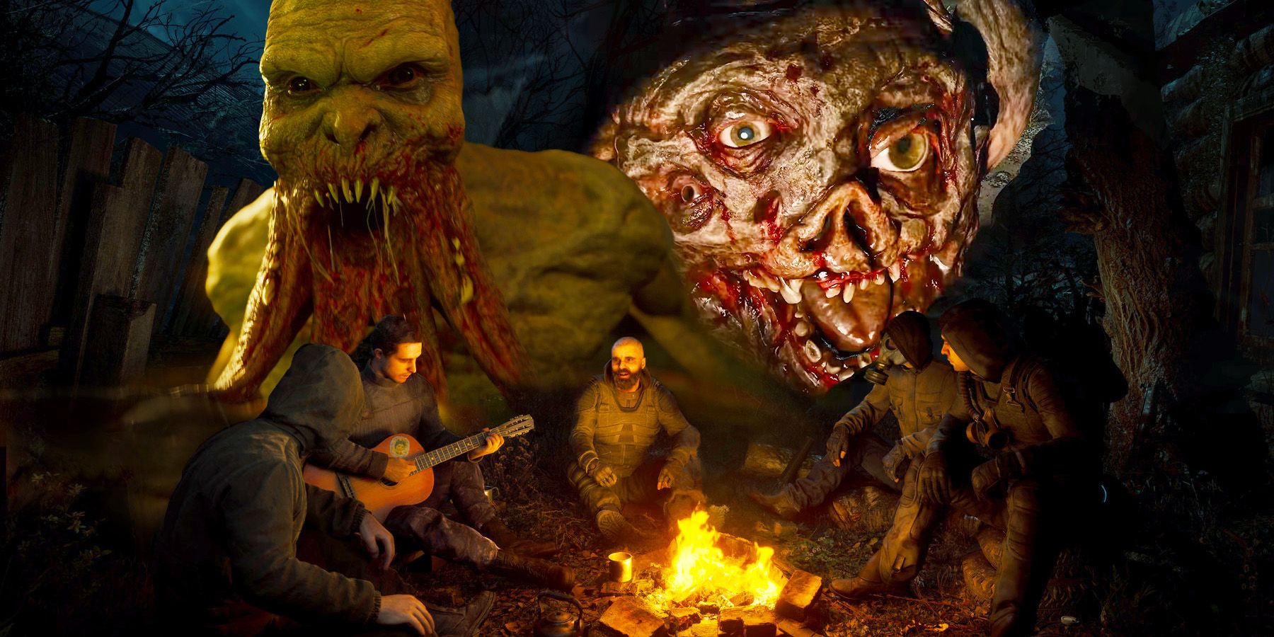 S.T.A.L.K.E.R. 2 image showing mutated monsters and a group around a campire.