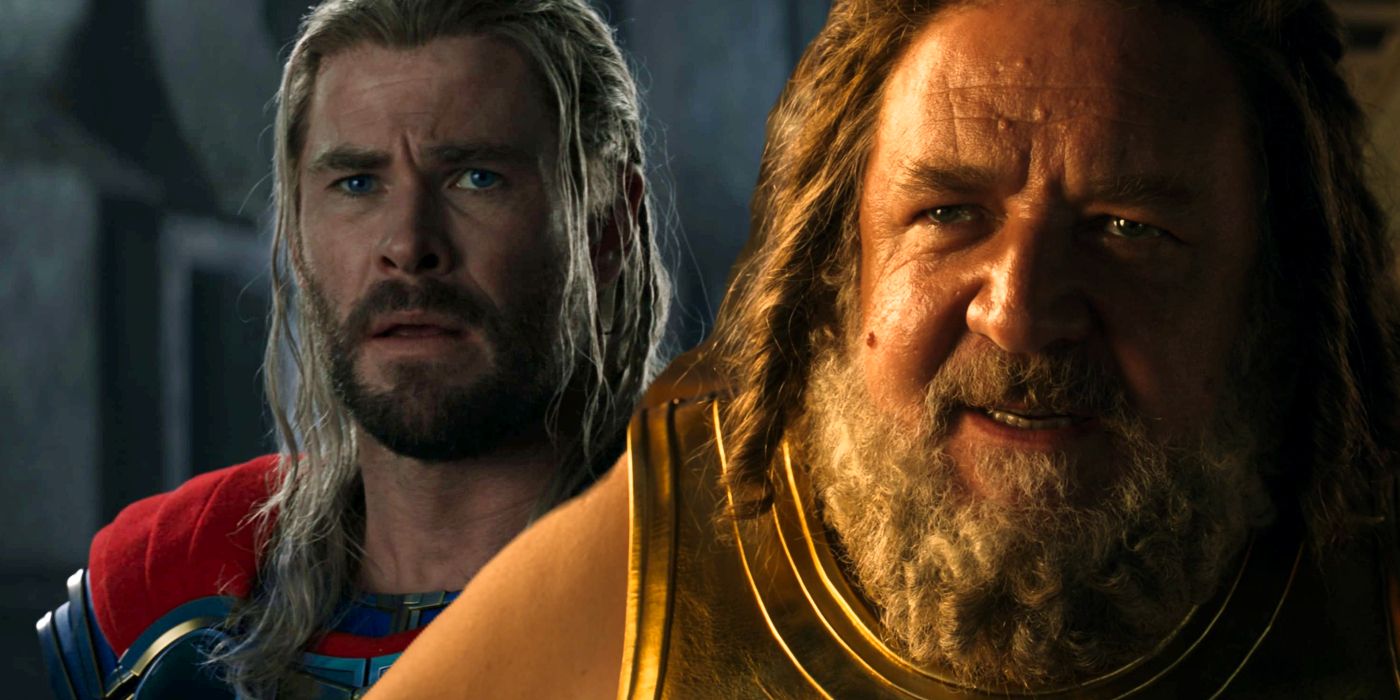 Thor (Chris Hemsworth) looks worried and Zeus (Russell Crowe) looks menacing in Thor: Ragnarok
