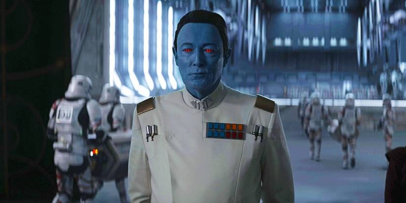 Thrawn standing inside a base in Ahsoka with stormtroopers in the background