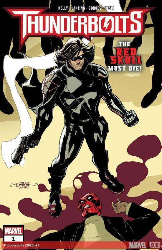 Bucky Barnes stands over the Red Skull’s body, holding a smoking gun.