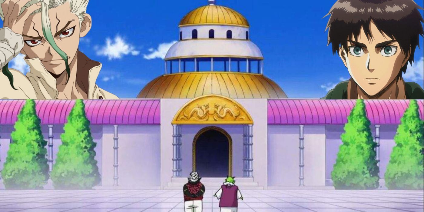 Dragon Ball Z's hyperbolic time chamber with Dr. Stone's Senku's and Attack on Titan's Eren's Faces in the sky