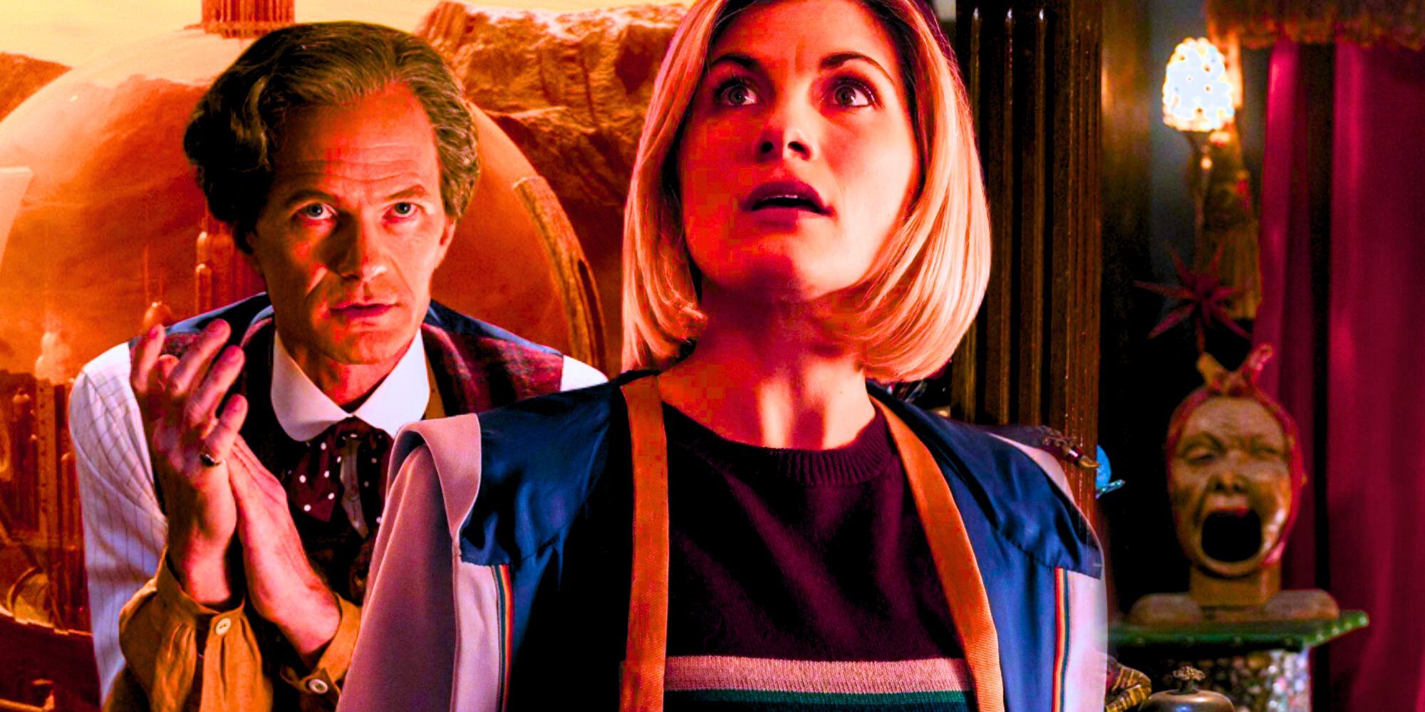 Jodie Whittaker as the Thirteenth Doctor and Neil Patrick Harris as the Toymaker in Doctor Who against a blended background of Gallifrey and the Toymaker's shop