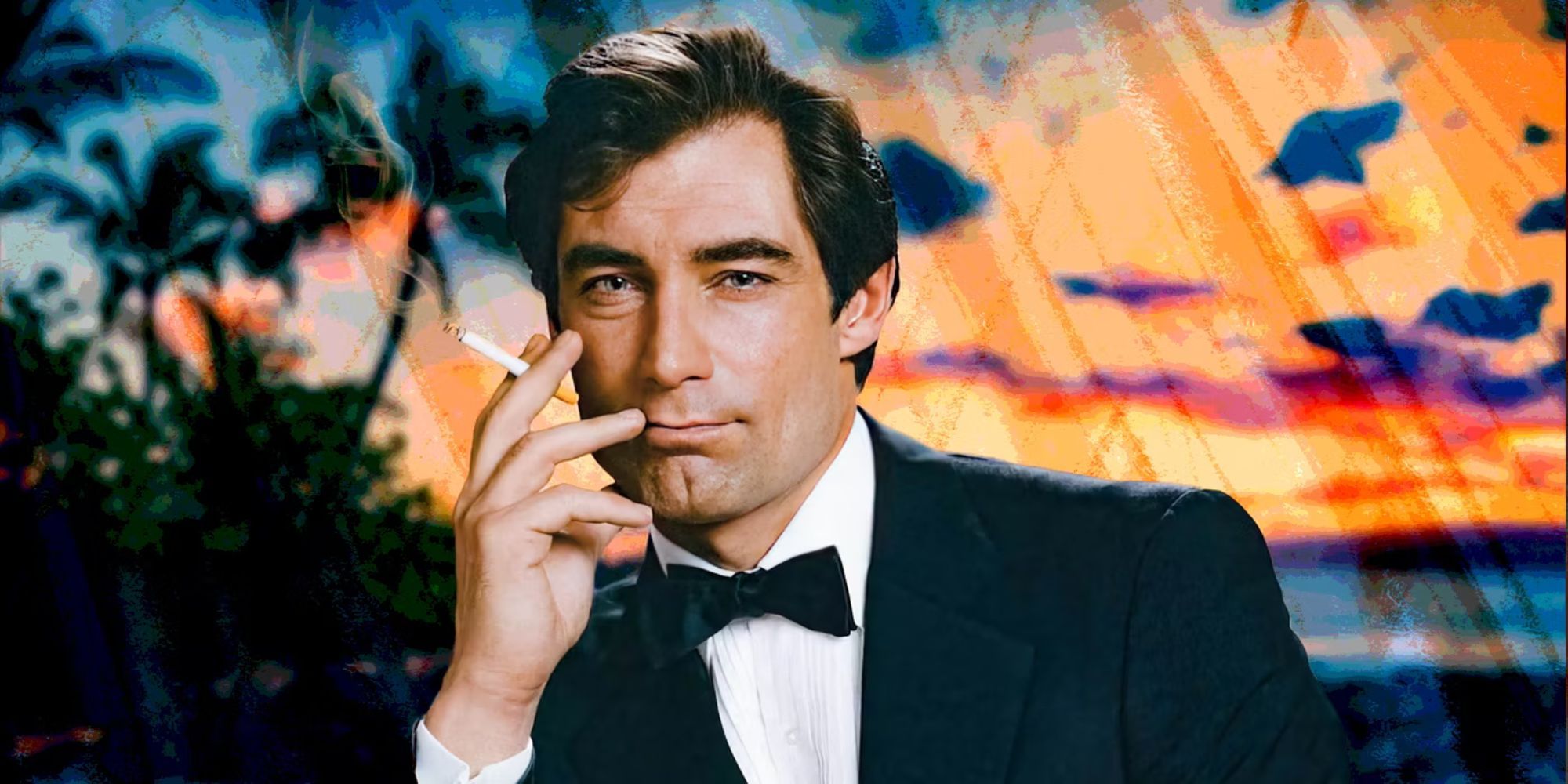 Timothy Dalton as James Bond in a tuxedo faces the camera and holds a cigarette in a License to Kill promo image.