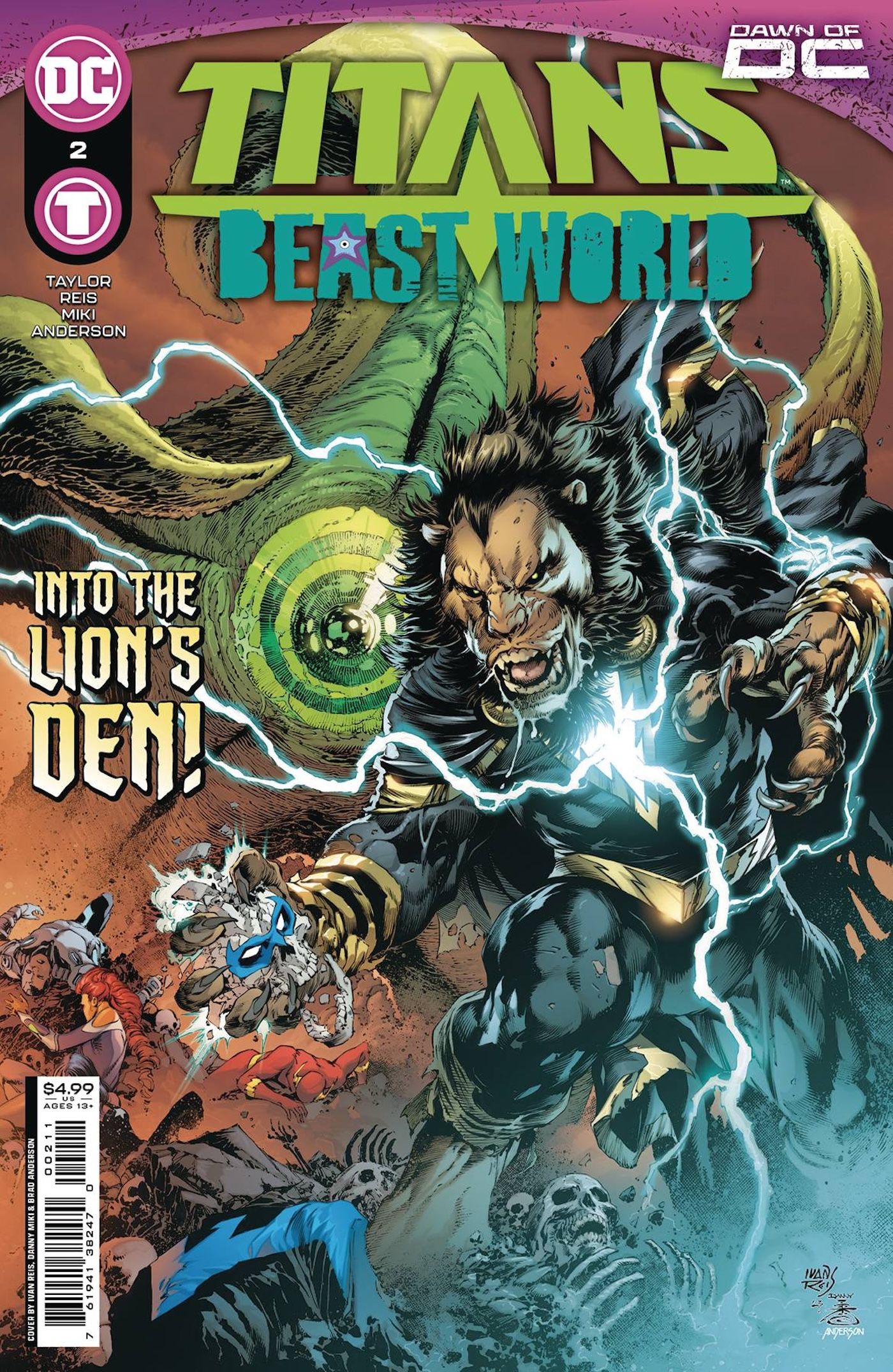 Titans Beast World 2 Main Cover: Black Adam transformed into a lion in front of a large green starfish.