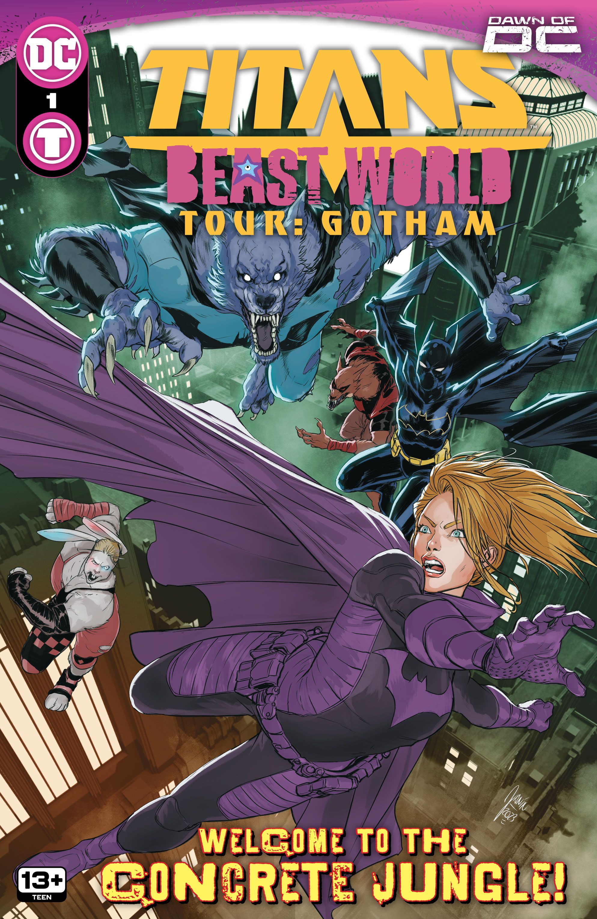 Titans: Beast World Tour - Gotham 1 Main Cover: Costumed superheroes being chased by animal monsters.