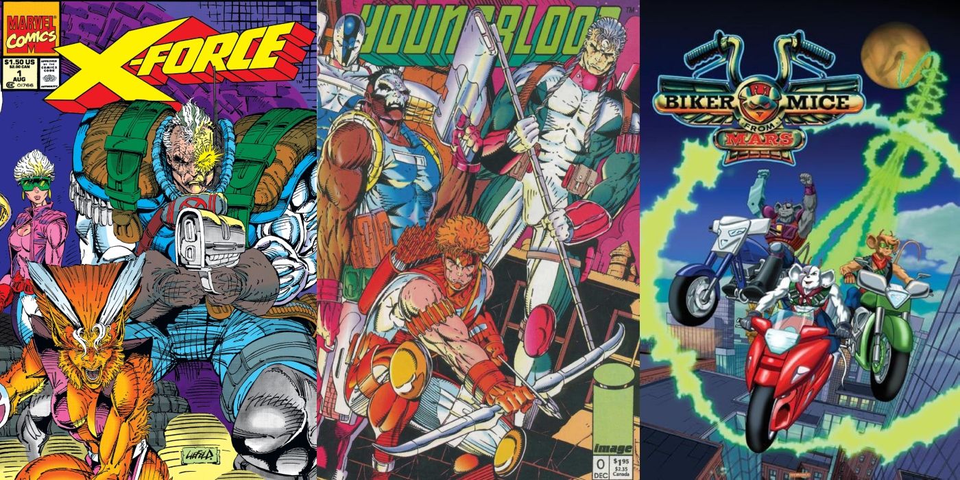 Covers for X-Force #1, Youngblood #0, and the poster for Biker Mice from Mars.