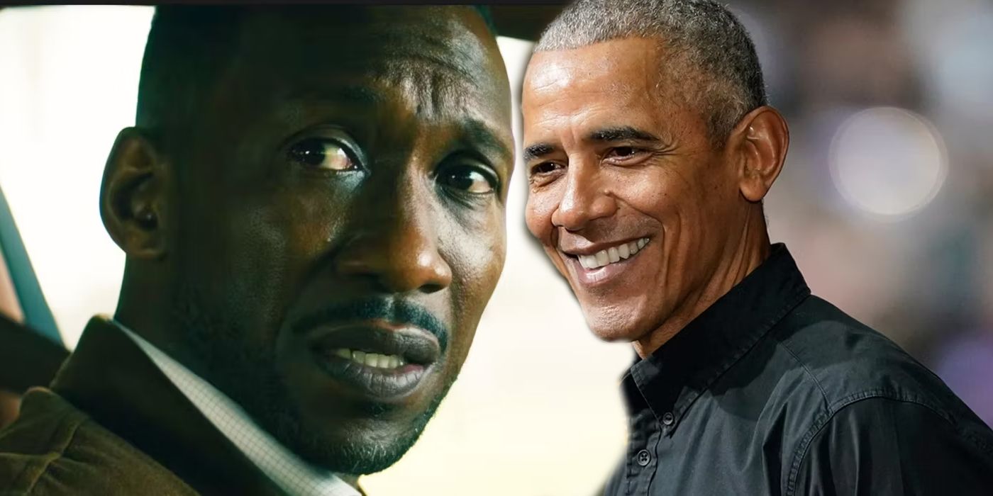 Mahershala Ali as G.H. looking worried in Leave the World Behind and Barack Obama smiling.