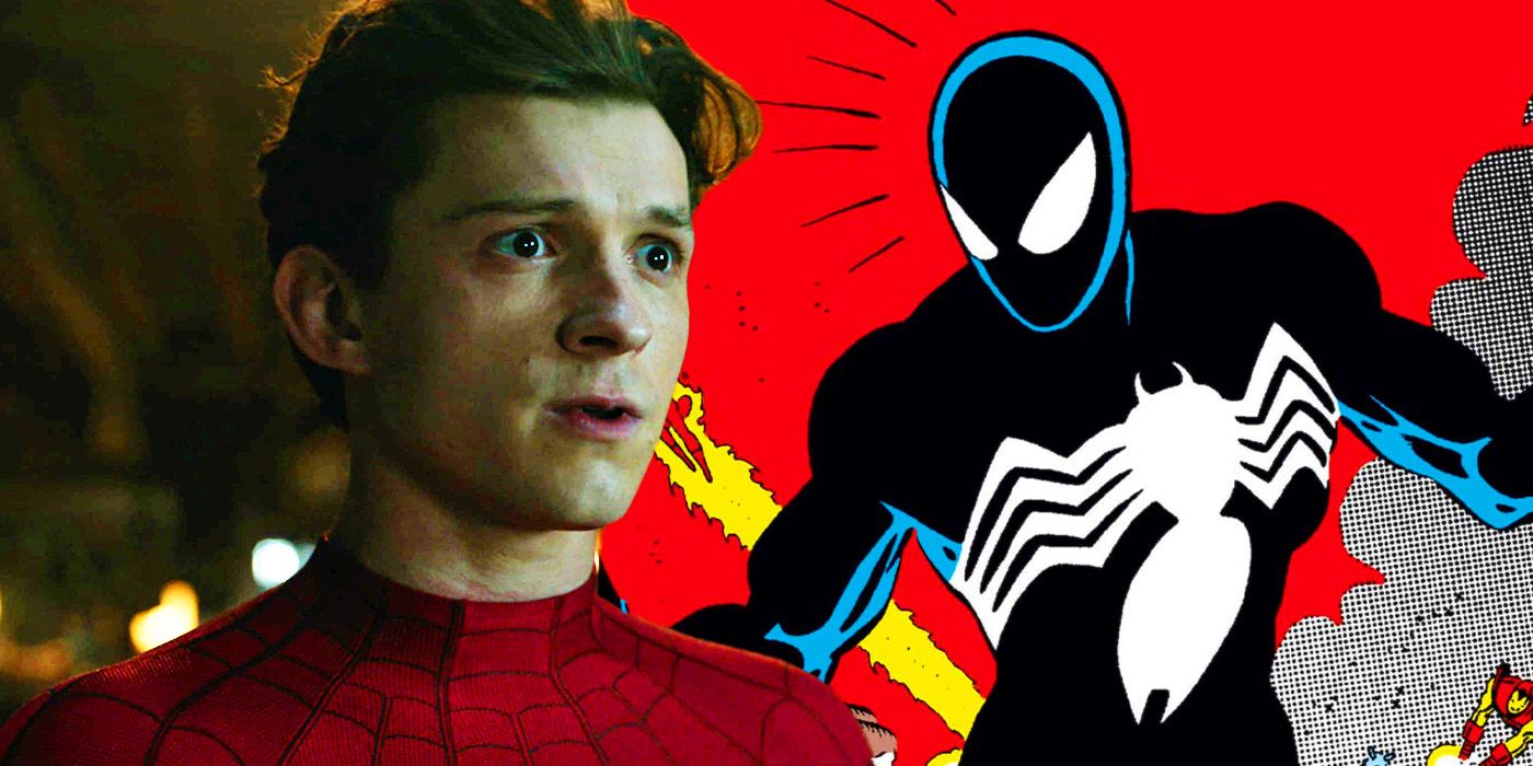 Tom Holland as Peter Parker in Spider-Man No Way Home with Spider-Man's Venom costume in Marvel Comics