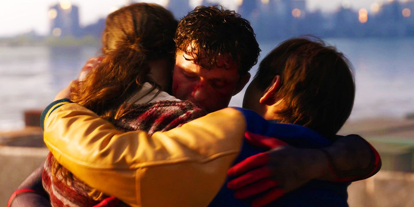 Tom Holland's Spider-Man hugging MJ and Ned in No Way Home