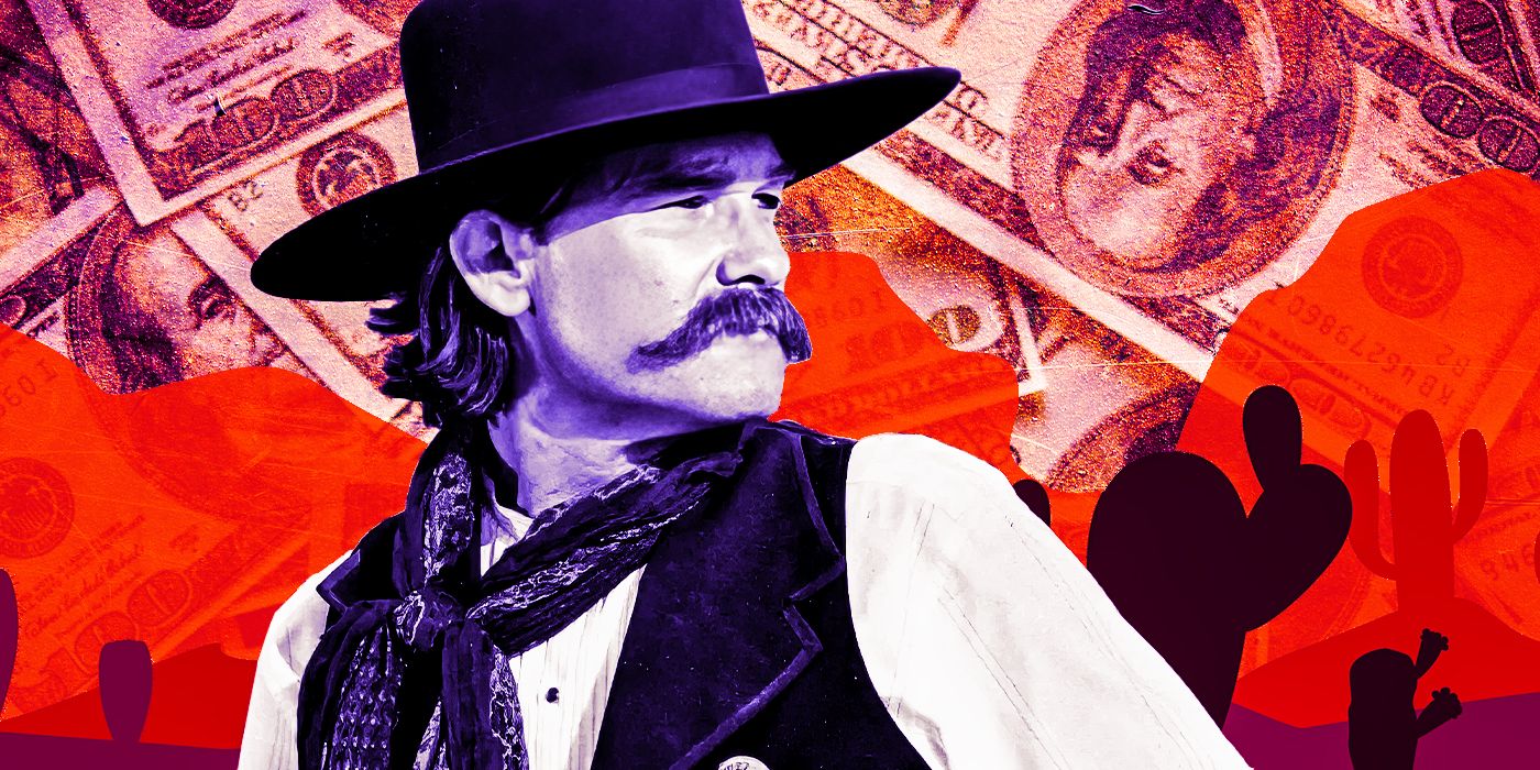 Composite image of Kurt Russell in Tombstone with cash and desert imagery behind him