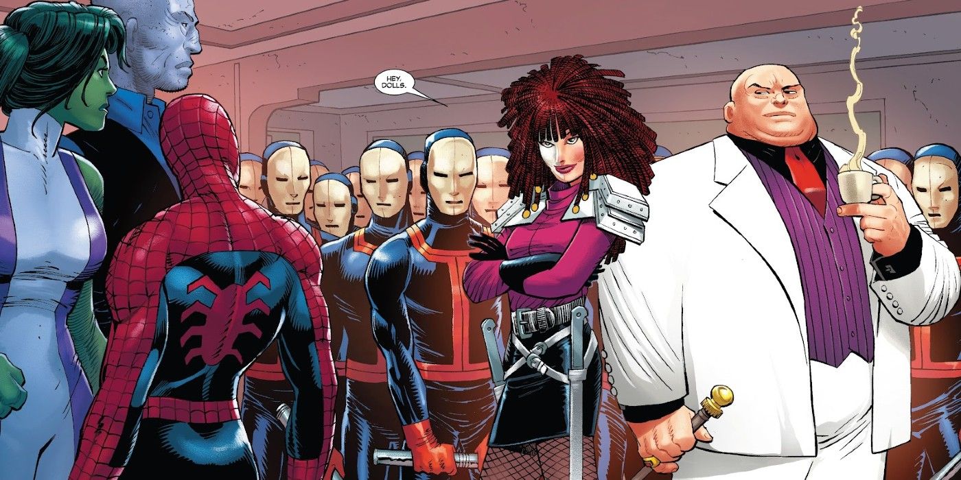 Tombstone She-Hulk and Spider-Man staredown the White King Wilson Fisk Kingpin and Hellfire Club