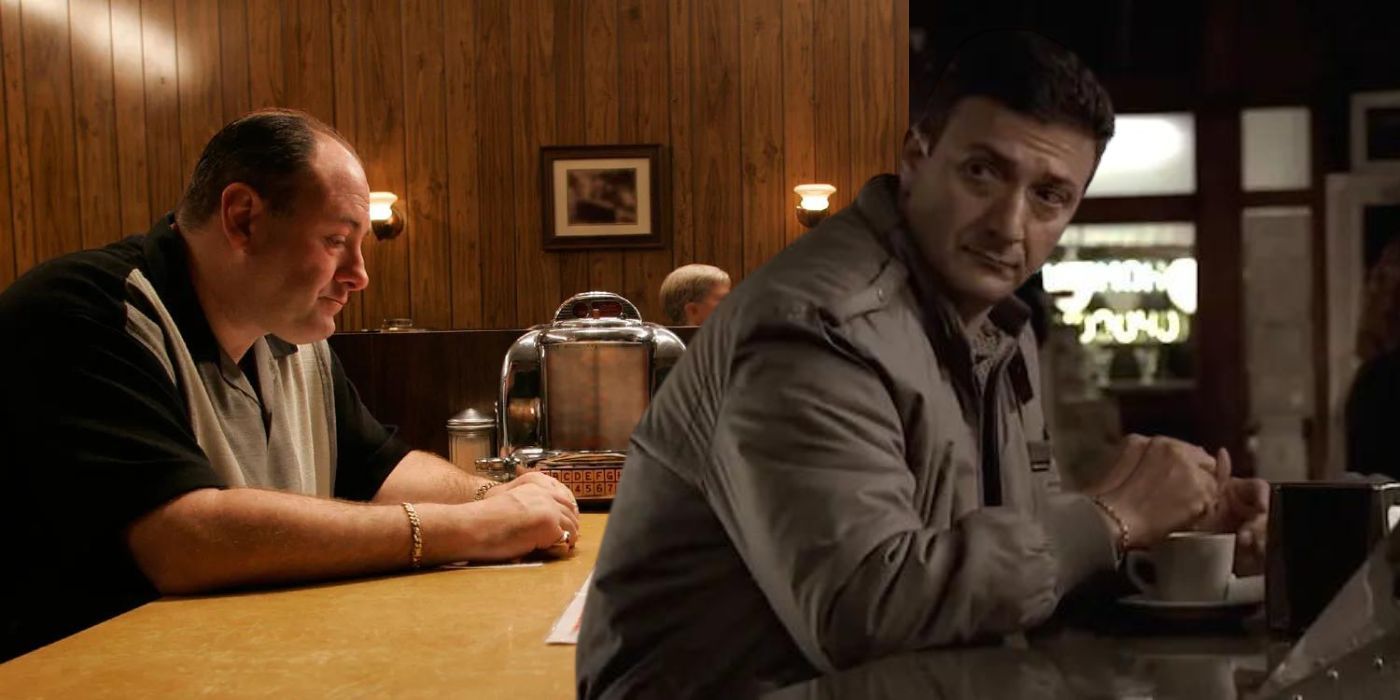 Blended image of Tony Soprano (James Gandolfini) sitting at a diner and the man in a Members Only jacket (Paolo Colandrea) with a cup of coffee in The Sopranos