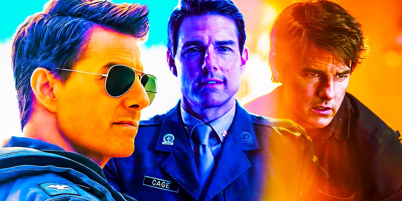 Top Gun's Maverick wearing sunglasses next to Edge of Tomorrow's Cage looking at the camera and The Mummy's Morton looking scared