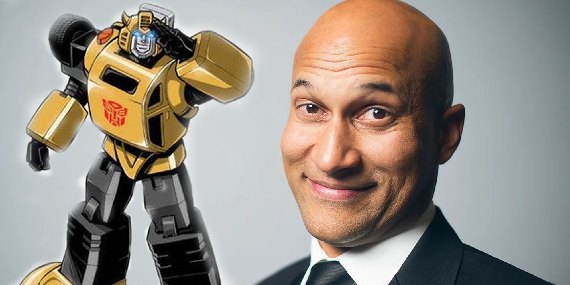 Keegan-Michael Key alongside a picture of animated Bumblebee from Transformers