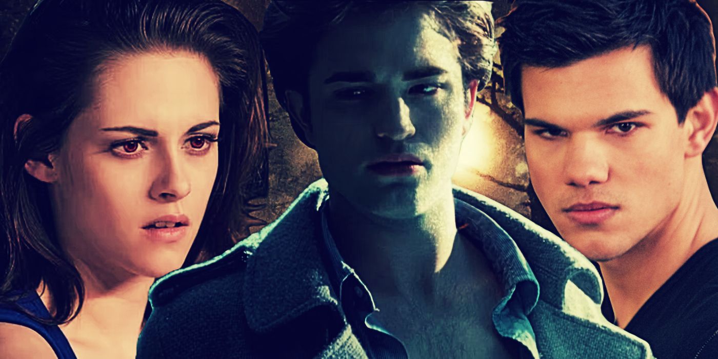 Edward (Robert Pattinson) in the center, with Bella (Kristen Stewart) and Jacob (Taylor Lautner) on the sides