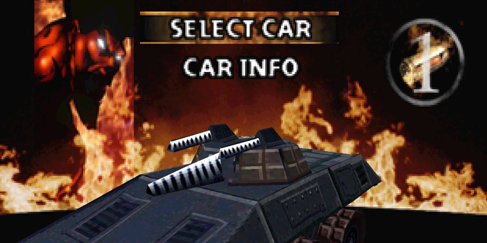 Twisted Metal Black shows the character Minion next to his tank.