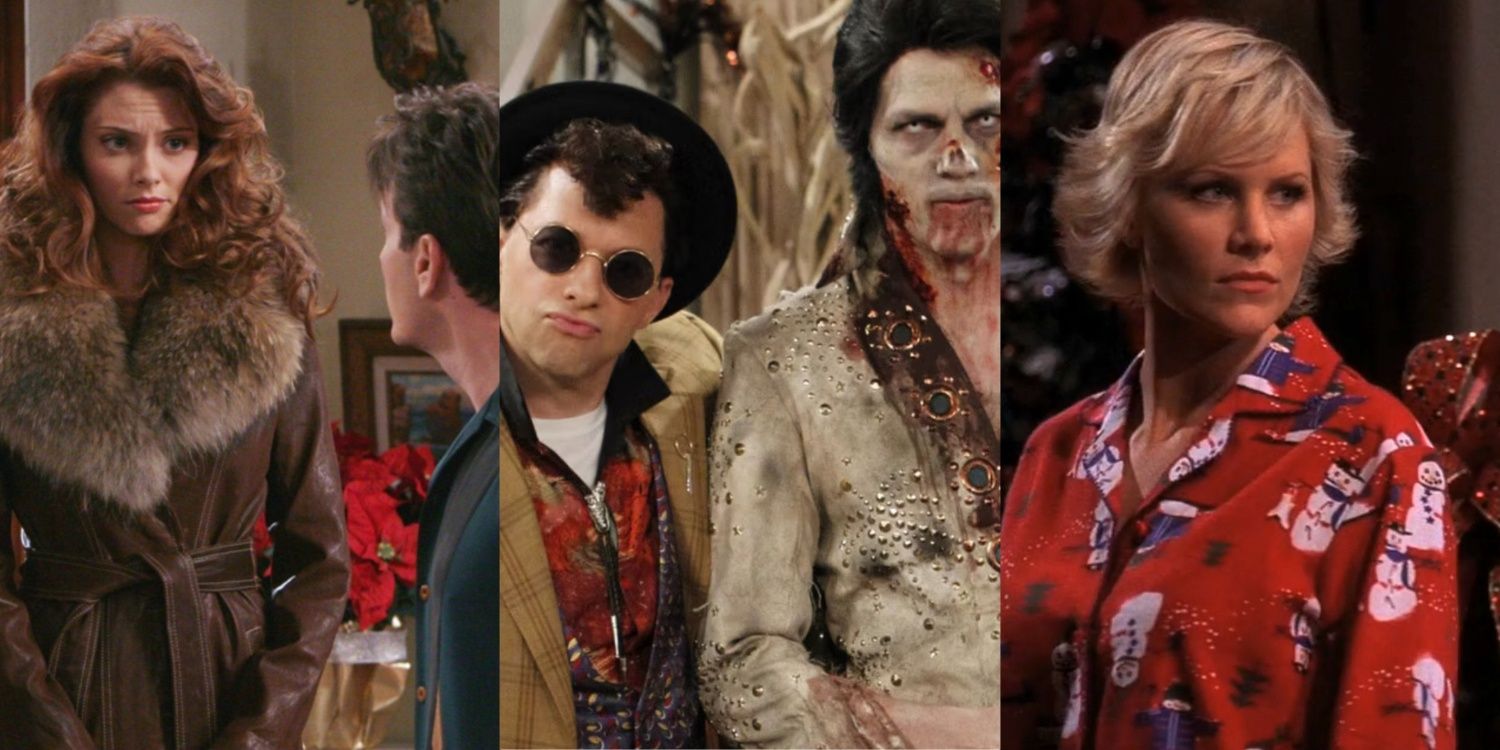 Side by side images feature a woman in a coat talking to Charlie, Alan and Walden in Halloween costumes, and Sandy in Christmas pajamas, all from Two and a Half Men holiday episodes