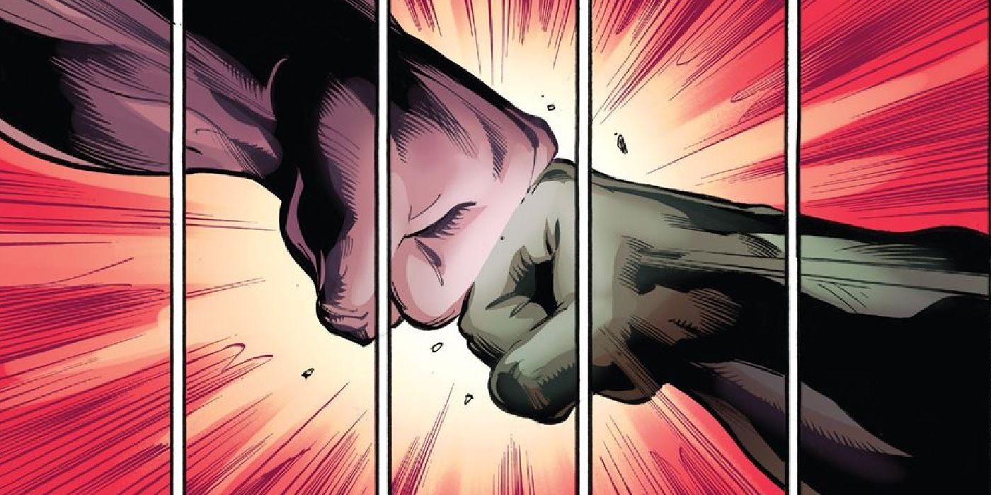 Ultimate Hulk punches regular Hulk&rsquo;s fist with immense power