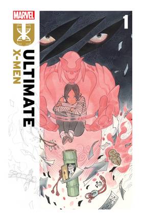 X-Men Armor is curled up inside a red, translucent samurai representation of her mutant armor, as ominous red eyes peer out from behind her. Cover by Peach Momoko
