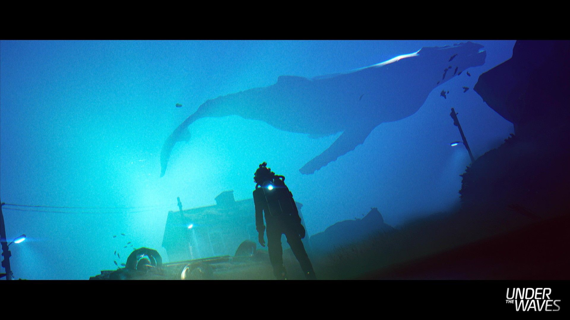 Under the Waves character standing underwater in front of a house and a large whale.