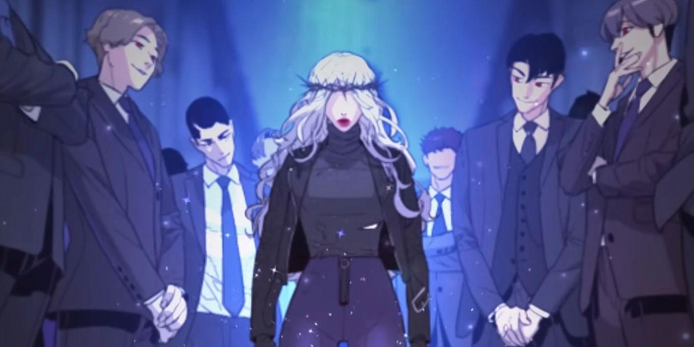 Unholy Blood trailer screenshot, featuring pure-blood vampire Ha-Yan Park surrounded by mixed-blood vampires in suits