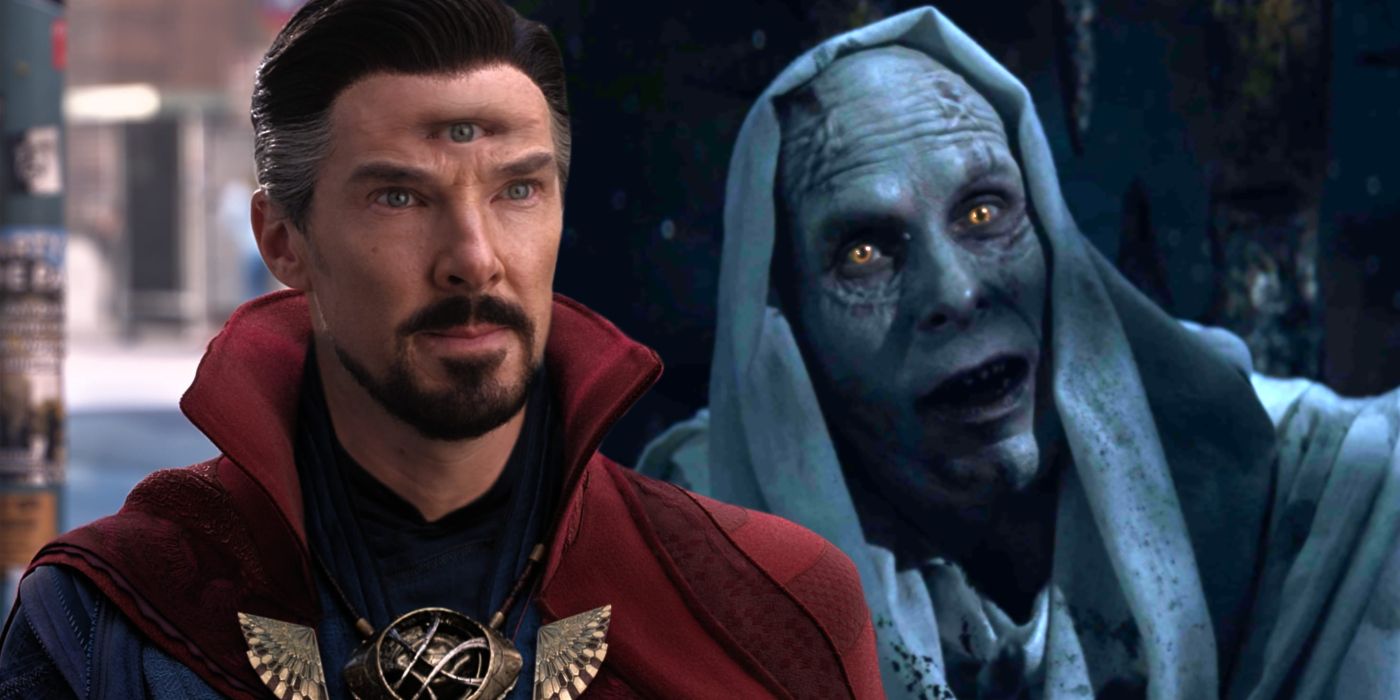Benedict Cumberbatch as Doctor Strange in Doctor Strange in the Multiverse of Madness and Christian Bale as Gorr the God Butcher in Thor: Love and Thunder